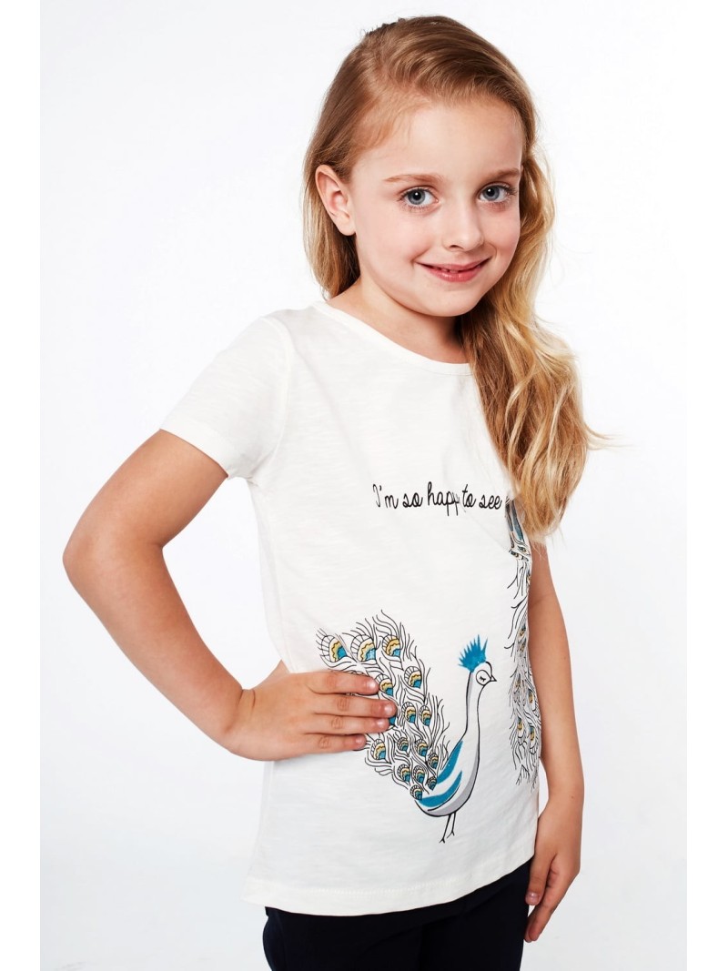 Girls\' blouse with a peacock, cream, NDZ8195 - Online store - Boutique